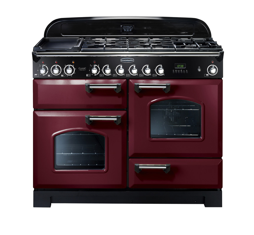 Rangemaster Classic Deluxe 110 Dual Fuel Cranberry with Chrome trim