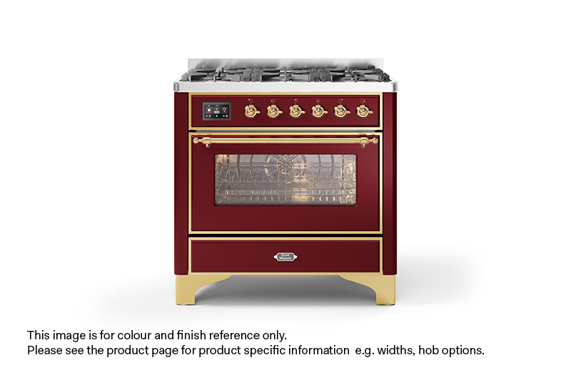 ILVE 100cm Majestic Milano 2 Zone Dual Fuel Burgundy Red Brass Finish
