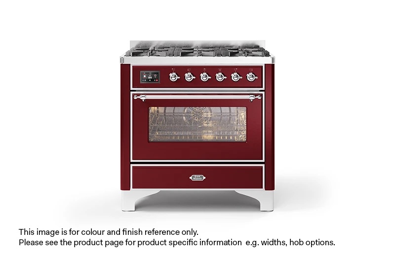 ILVE 90cm Majestic Milano 6 Burner Single Oven Dual Fuel Range Cooker Burgundy Red Chrome Finish