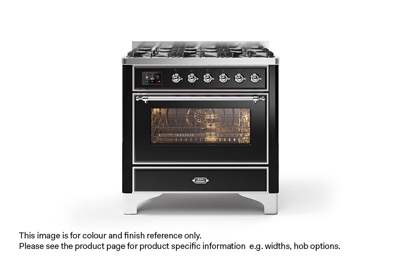 ILVE 90cm Majestic Milano 6 Burner Single Oven Dual Fuel Range Cooker Gloss Black Chrome Finish