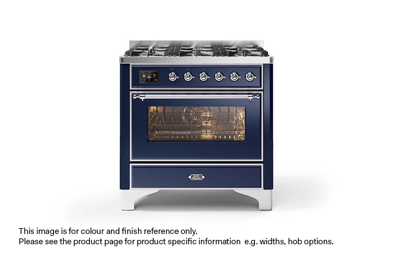 ILVE 90cm Majestic Milano 6 Burner Single Oven Dual Fuel Range Cooker Midnight Blue Chrome Finish