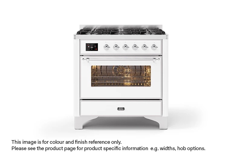 ILVE 90cm Majestic Milano 6 Burner Single Oven Dual Fuel Range Cooker White Chrome Finish