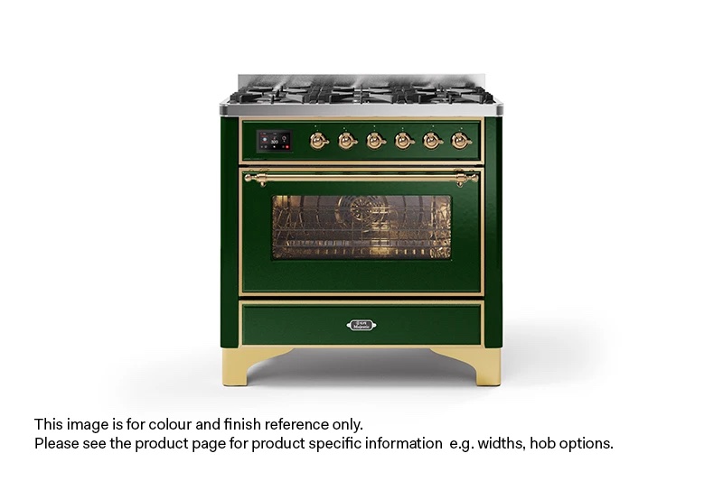 ILVE 90cm Majestic Milano 6 Burner Single Oven Dual Fuel Range Cooker Emerald Green Brass Finish