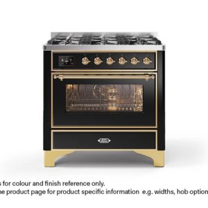 ILVE 90cm Majestic Milano 6 Burner Single Oven Dual Fuel Range Cooker Gloss Black Brass Finish