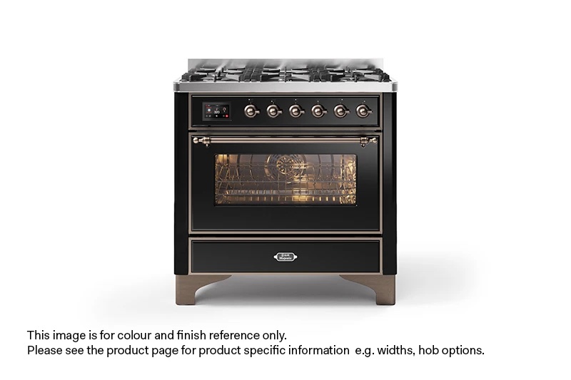 ILVE 90cm Majestic Milano 6 Burner Single Oven Dual Fuel Range Cooker Gloss Black Bronze Finish