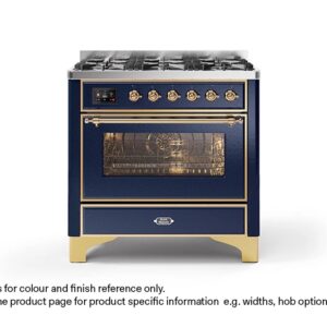 ILVE 90cm Majestic Milano 6 Burner Single Oven Dual Fuel Range Cooker Midnight Blue Brass Finish