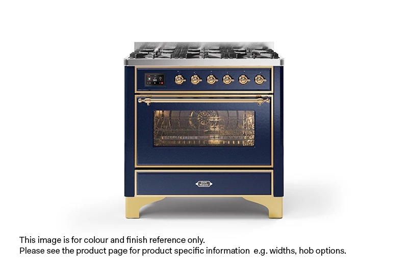 ILVE 90cm Majestic Milano 6 Burner Single Oven Dual Fuel Range Cooker Midnight Blue Brass Finish