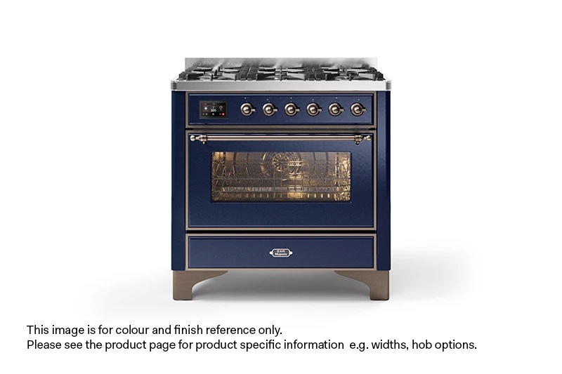 ILVE 90cm Majestic Milano 6 Burner Single Oven Dual Fuel Range Cooker Midnight Blue Bronze Finish