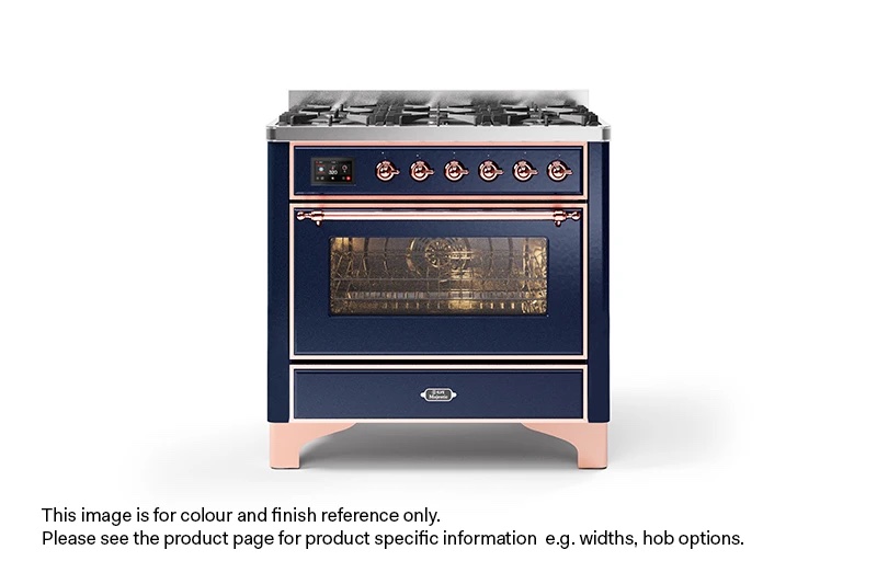 ILVE 90cm Majestic Milano 6 Burner Single Oven Dual Fuel Range Cooker Midnight Blue Copper Finish