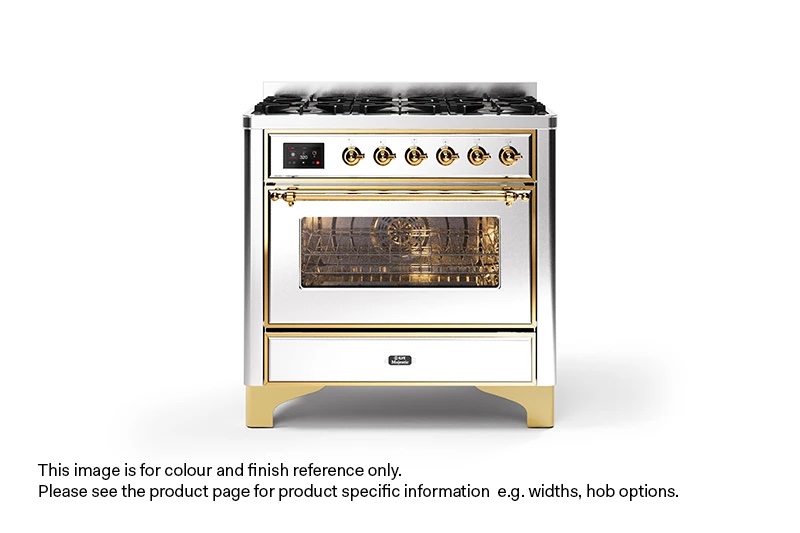 ILVE 90cm Majestic Milano 6 Burner Single Oven Dual Fuel Range Cooker Stainless Steel Brass Finish