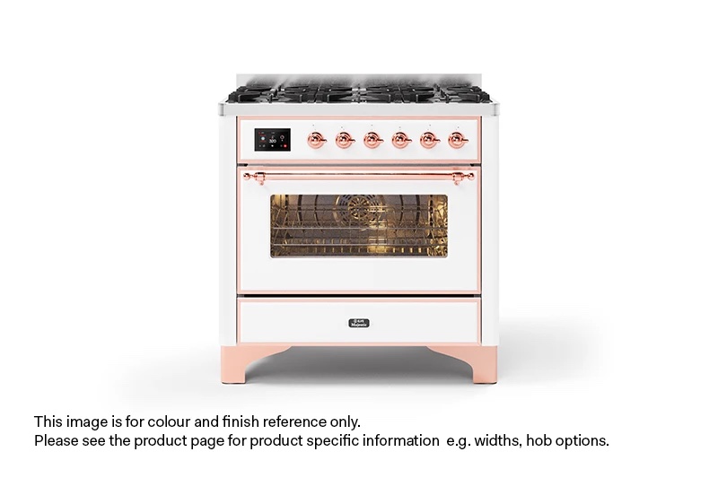 ILVE 90cm Majestic Milano 6 Burner Single Oven Dual Fuel Range Cooker White Copper Finish