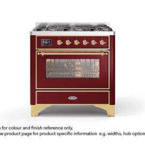ILVE 90cm Majestic Milano 6 Burner Single Oven Dual Fuel Range CookerBurgundy Red Brass Finish