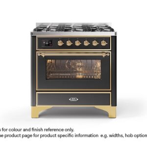 ILVE 90cm Majestic Milano 6 Burner Single Oven Dual Fuel Range CookerMatt Graphite Brass Finish