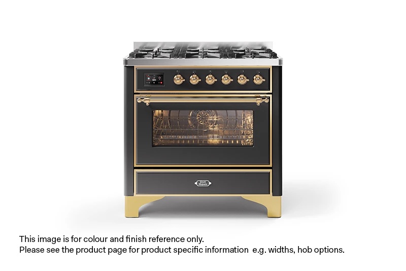 ILVE 90cm Majestic Milano 6 Burner Single Oven Dual Fuel Range CookerMatt Graphite Brass Finish