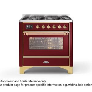 ILVE 90cm Majestic Milano Fry Top Dual Fuel Range Cooker Burgundy Red Brass Finish
