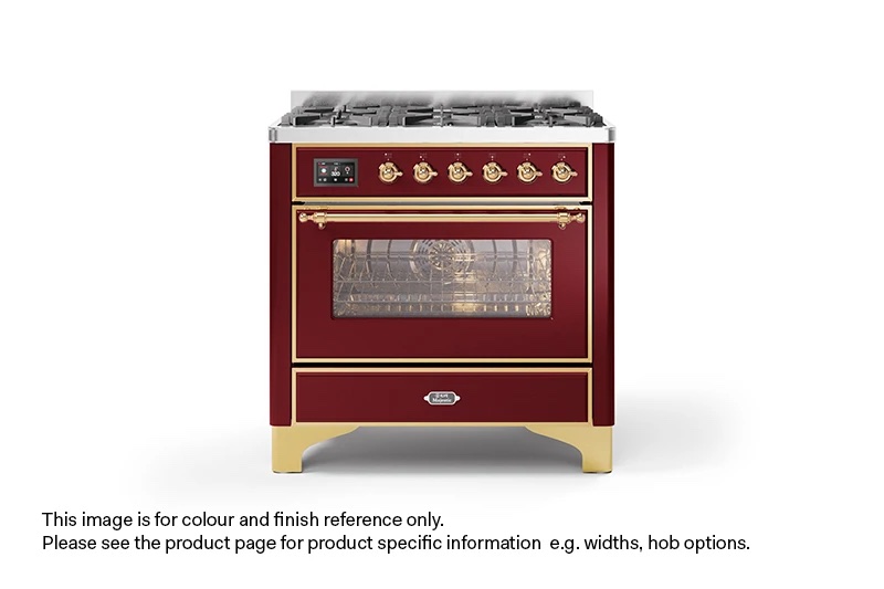 ILVE 90cm Majestic Milano Fry Top Dual Fuel Range Cooker Burgundy Red Brass Finish