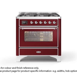 ILVE 90cm Majestic Milano Fry Top Dual Fuel Range Cooker Burgundy Red Chrome Finish