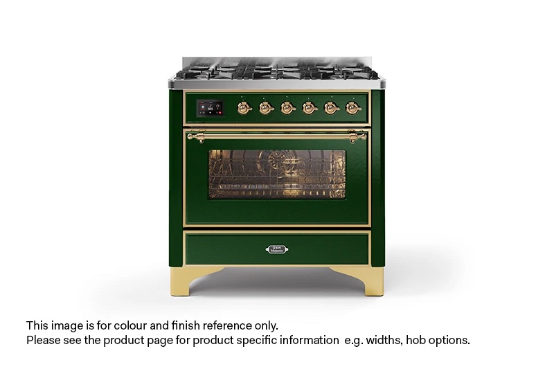 ILVE 90cm Majestic Milano Fry Top Dual Fuel Range Cooker Emerald Green Brass Finish
