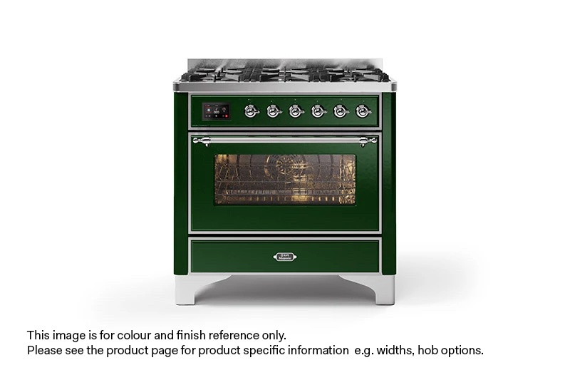 ILVE 90cm Majestic Milano Fry Top Dual Fuel Range Cooker Emerald Green Chrome Finish