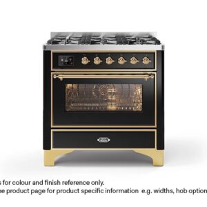ILVE 90cm Majestic Milano Fry Top Dual Fuel Range Cooker Gloss Black Brass Finish