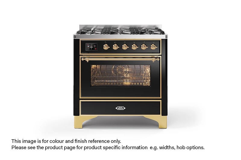 ILVE 90cm Majestic Milano Fry Top Dual Fuel Range Cooker Gloss Black Brass Finish