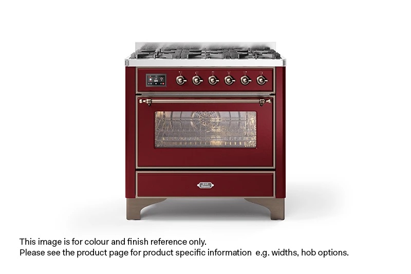 ILVE 90cm Majestic Milano Fry Top Dual Fuel Range Cooker Burgundy Red Bronze Finish