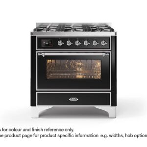 ILVE 90cm Majestic Milano Fry Top Dual Fuel Range Cooker Gloss Black Chrome Finish