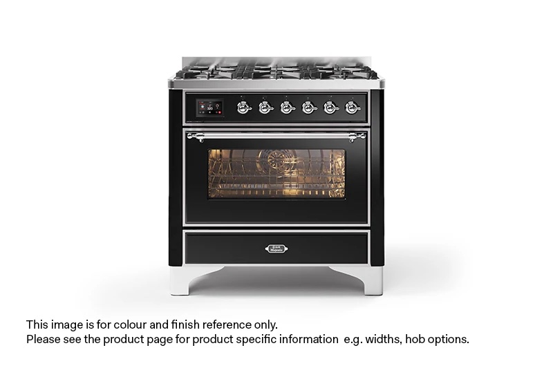 ILVE 90cm Majestic Milano Fry Top Dual Fuel Range Cooker Gloss Black Chrome Finish