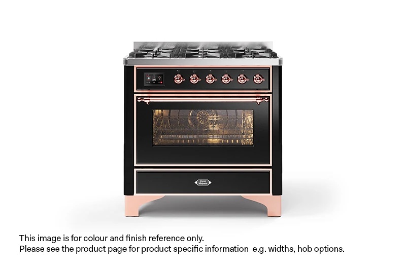 ILVE 90cm Majestic Milano Fry Top Dual Fuel Range Cooker Gloss Black Copper Finish