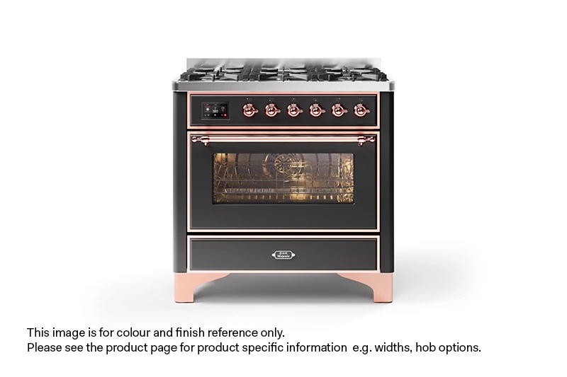 ILVE 90cm Majestic Milano Fry Top Dual Fuel Range Cooker Matt Graphite Copper Finish