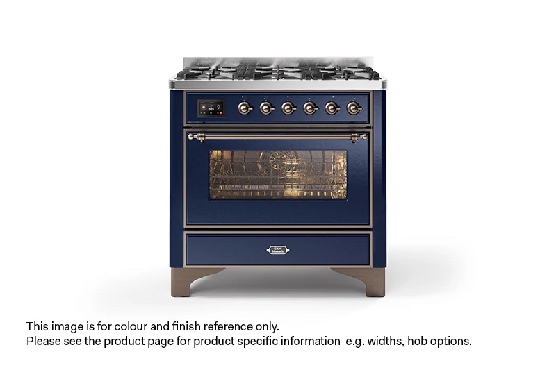 ILVE 90cm Majestic Milano Fry Top Dual Fuel Range Cooker Midnight Blue Bronze Finish
