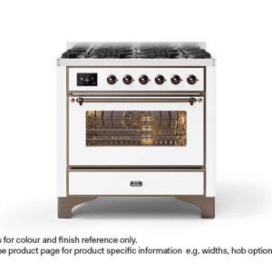 ILVE 90cm Majestic Milano Fry Top Dual Fuel Range Cooker White Bronze Finish