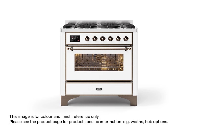 ILVE 90cm Majestic Milano Fry Top Dual Fuel Range Cooker White Bronze Finish