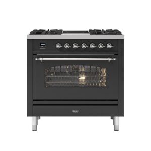 ILVE 90cm Milano 2 Zone Induction with 4 Gas Burners Single Oven Dual Fuel Matt Graphite Chrome Finish Range Cooker