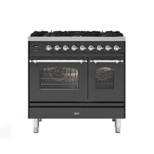 ILVE 90cm Milano 6 Burner Double Oven Dual Fuel Matt Graphite Chrome Finish Range Cooker