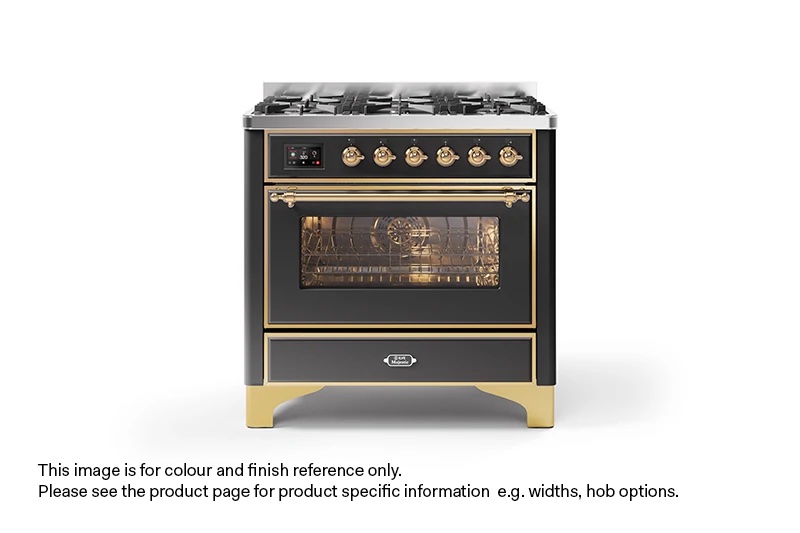 ILVE 90cm Majestic Milano Fry Top Dual Fuel Range Cooker Matt Graphite Brass Finish