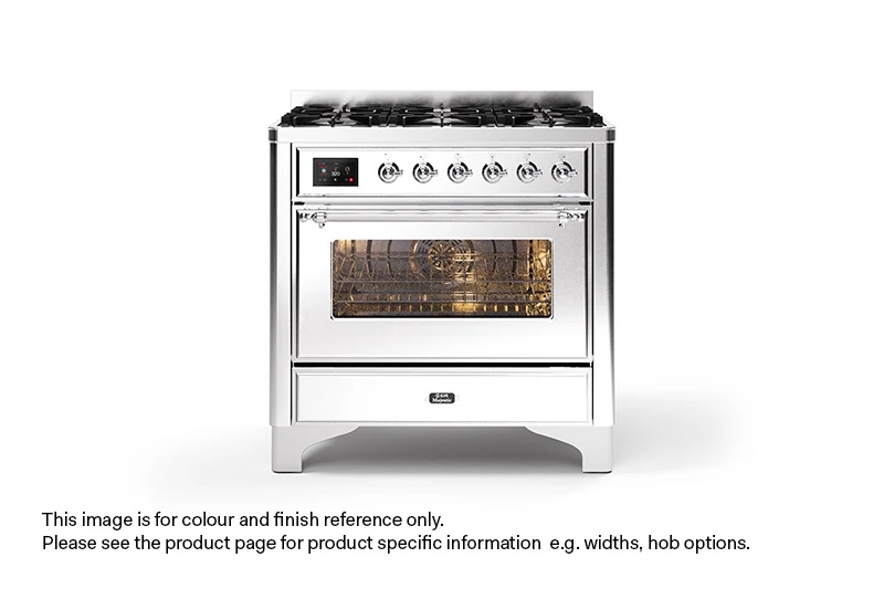 ILVE 90cm Majestic Milano Fry Top Dual Fuel Range Cooker Stainless Steel Chrome Finish