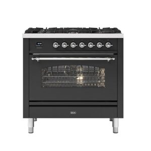 ILVE 90cm Milano 6 Burner Single Oven Dual Fuel Matt Graphite Chrome Finish Range Cooker
