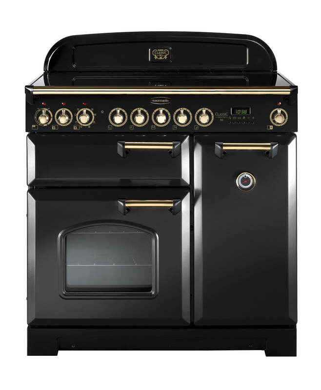 Rangemaster Classic Deluxe 90 Induction Charcoal Black with Brass trim