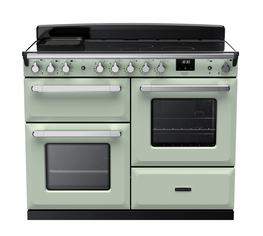 Rangemaster Estel Deluxe 110 Induction in Mint with Chrome trim<br />
ESDLO110EIPMNT/CM1