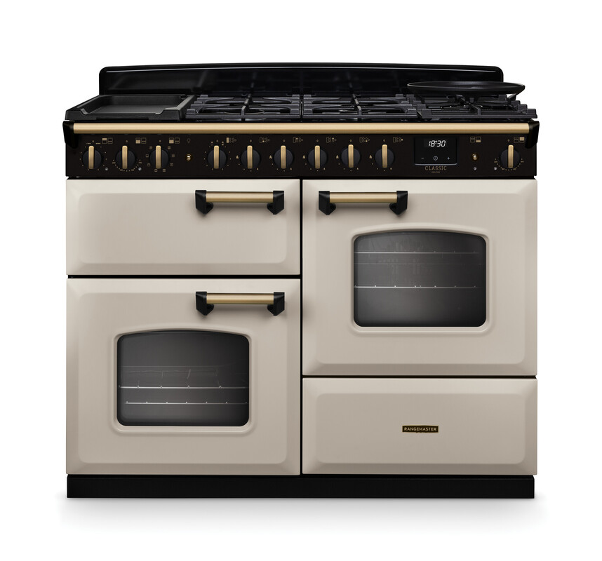 Rangemaster Classic Deluxe 110 Dual Fuel Pale Cream with Antique Brass trim CLDLO110DFPPCR/AB1